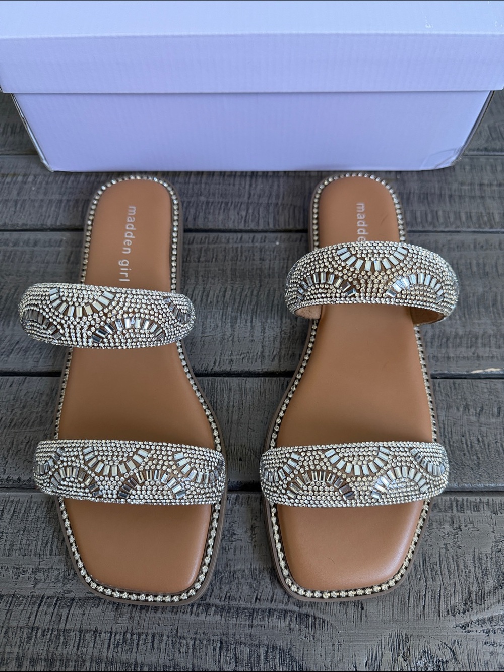 madden girl Partly Rhinestone Two-Band Slide Sandals NIB